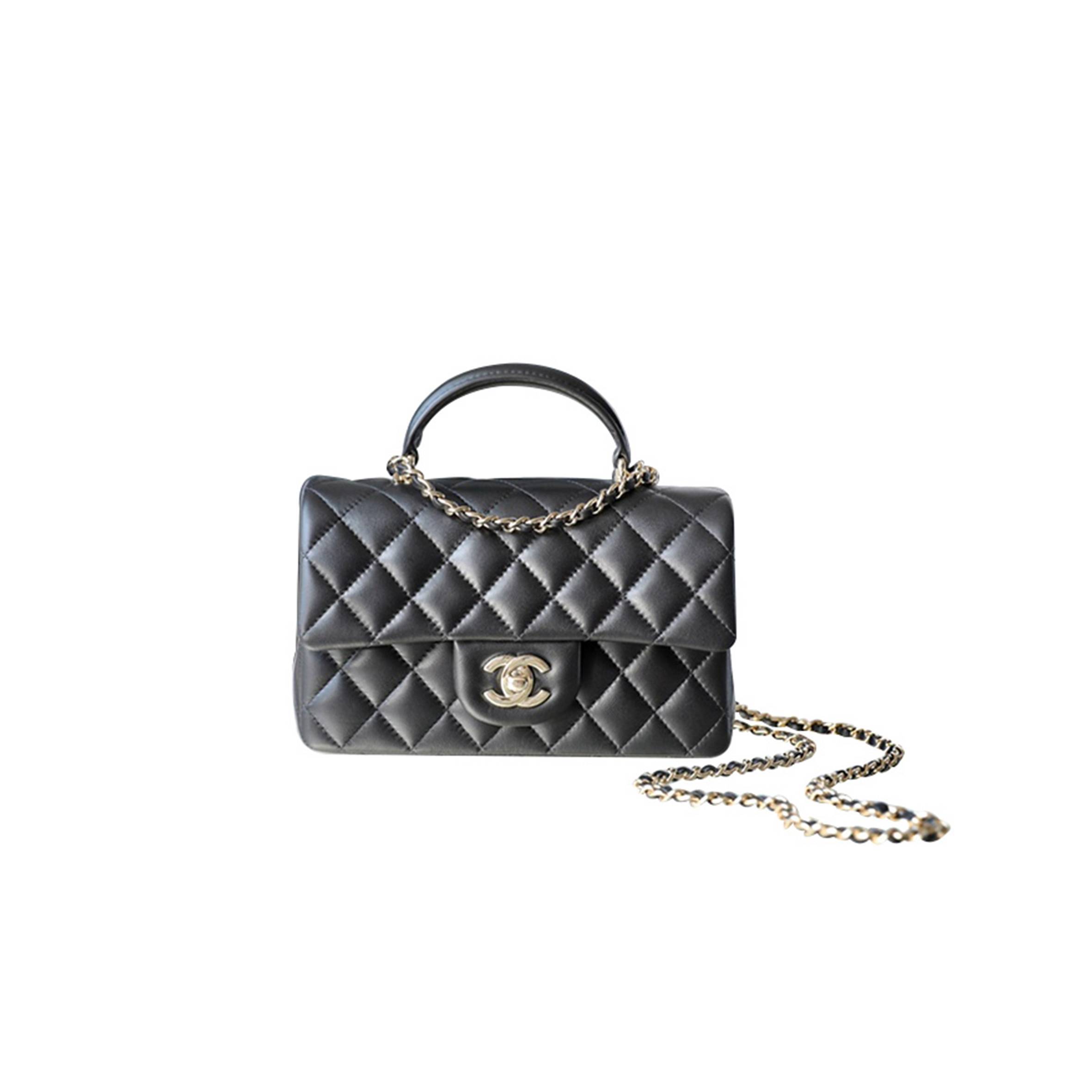 Ch*el master lambskin quilted mini top handle rectangular flap black as2431 (20*12*6cm)